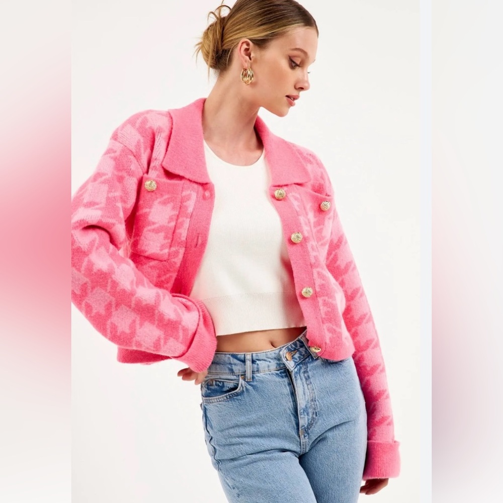 English Factory L Anthro Barbiecore Pink Houndstooth Crop Sweater Blazer